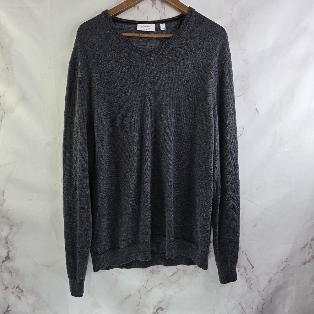 Calvin Klein Sweater Mens XL Gray Merino Wool Lightweight V Neck